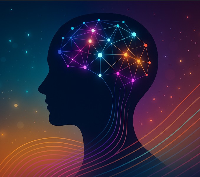 Illustration of a human silhouette with glowing neural patterns, representing the mind as an interface to Platonic space — inspired by Michael Levin’s theory.