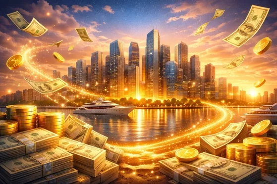 The Age of Abundance Blog showing a superyacht and stacks of money